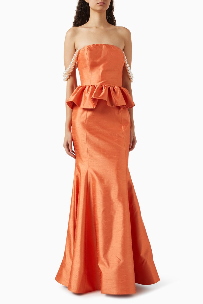 

Off-shoulder Peplum Gown in Shantung, Orange