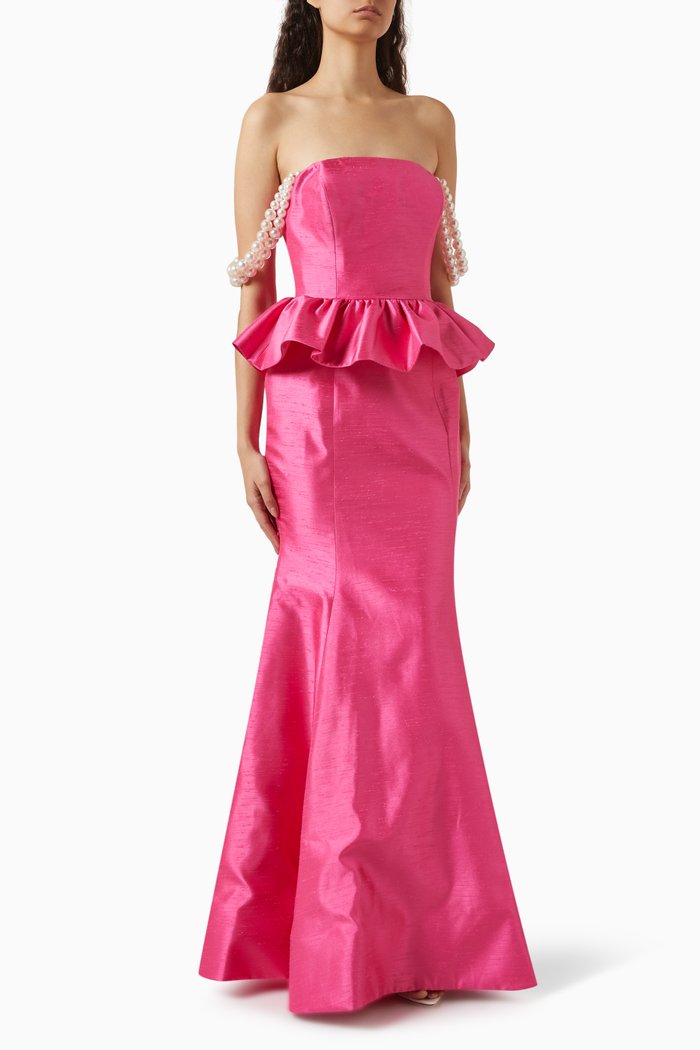 Off-shoulder Peplum Gown in Shantung, Pink