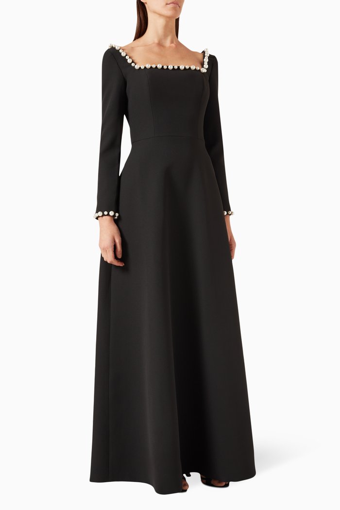 

Pearl-trim Dress in Crepe, Black