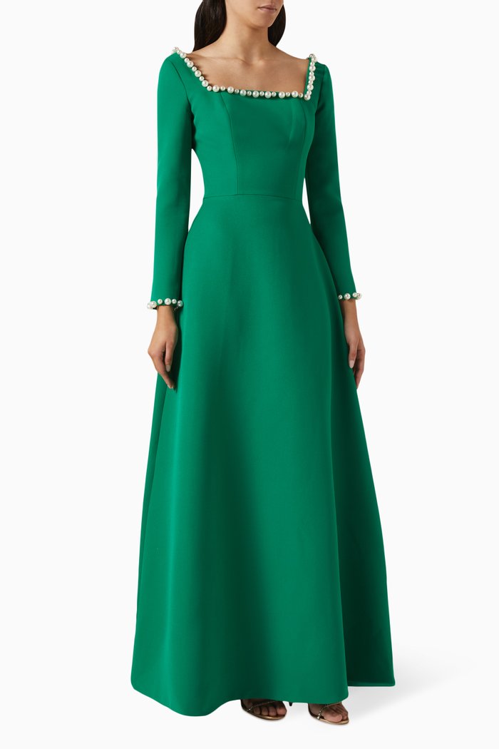 

Pearl-trim Dress in Crepe, Green