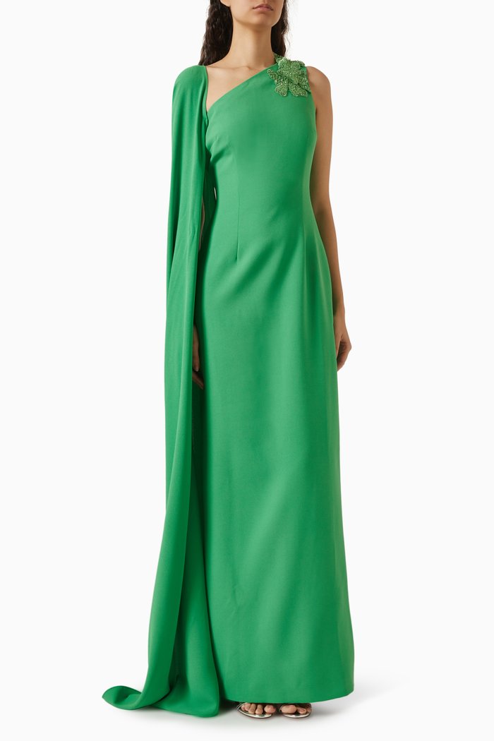 

One-shoulder Cape Dress in Crepe, Green