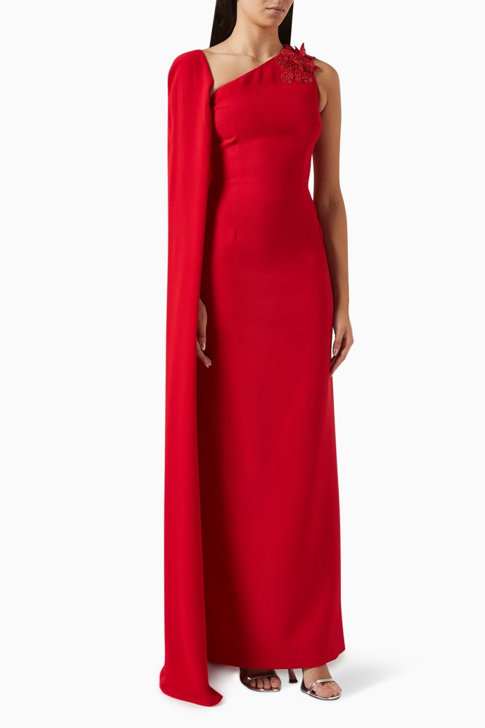 

One-shoulder Cape Dress in Crepe, Red