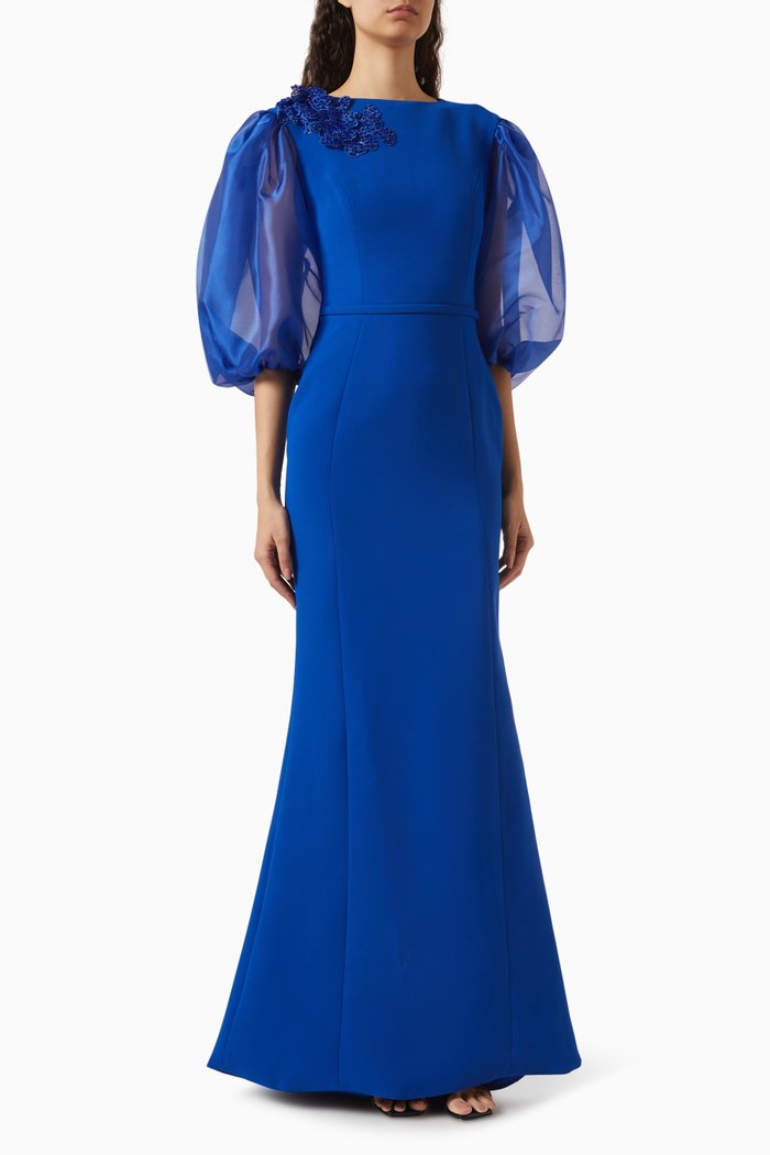 

Floral-embellished Gown in Crepe, Blue