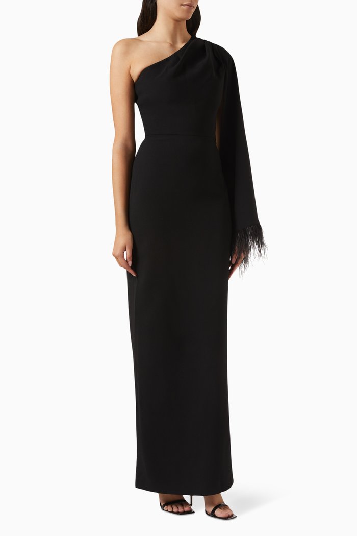 

Feather-trim Maxi Dress in Crepe, Black