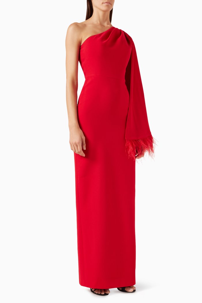 

Feather-trim Maxi Dress in Crepe, Red