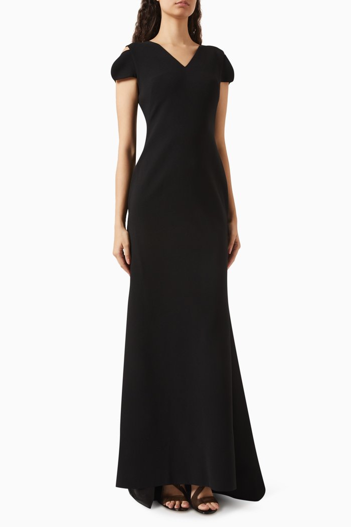 

Cold-shoulder V-neck Gown in Crepe, Black