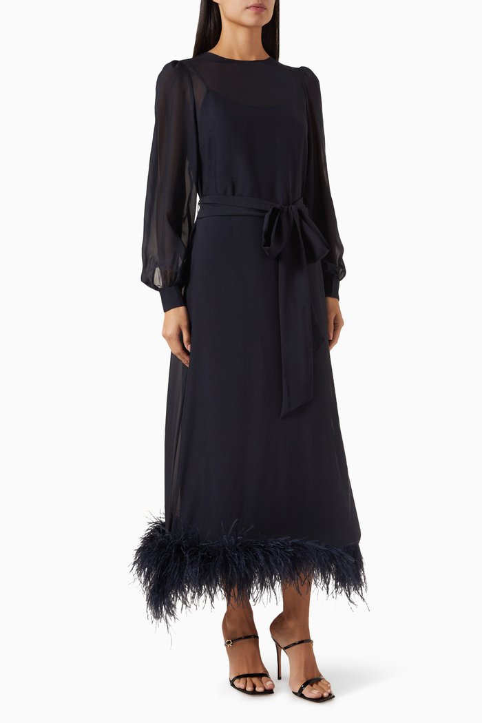 Ellodie Feather-trim Dress in Silk Crepe de Chine, Blue