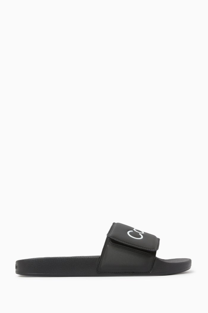 Logo Pool Slides in Faux Leather, Black