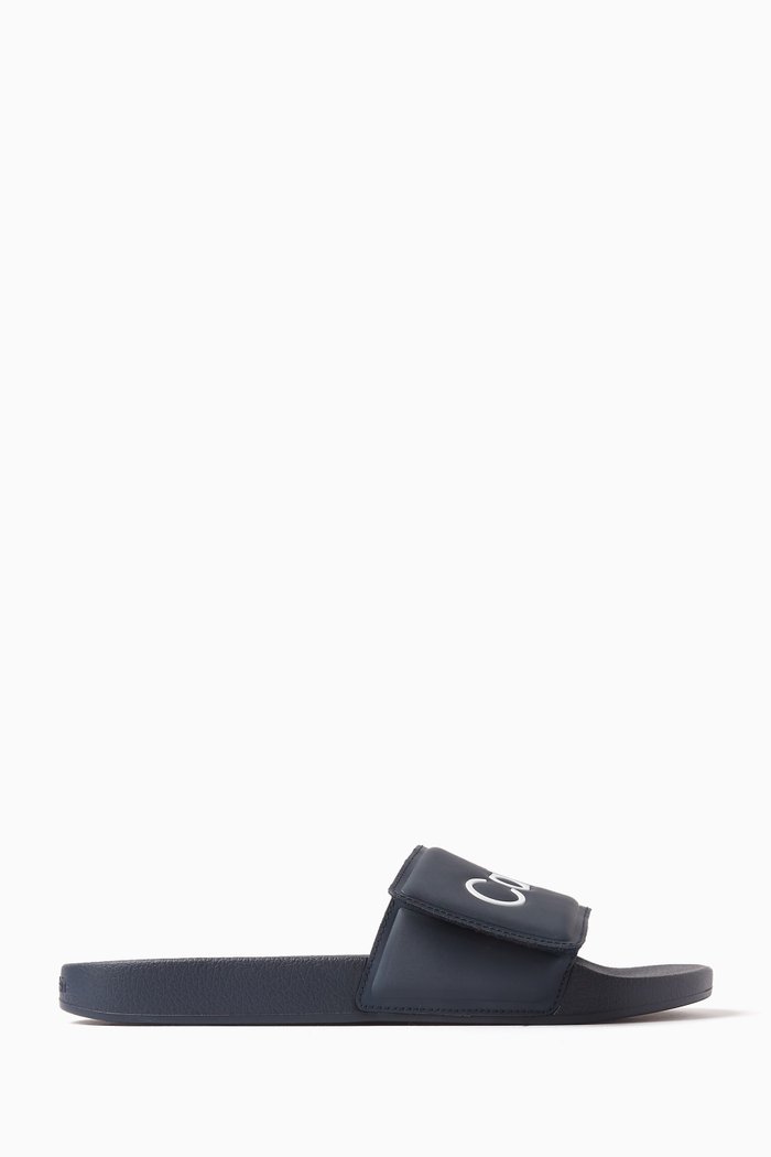 

Logo Pool Slides in Faux Leather, Blue