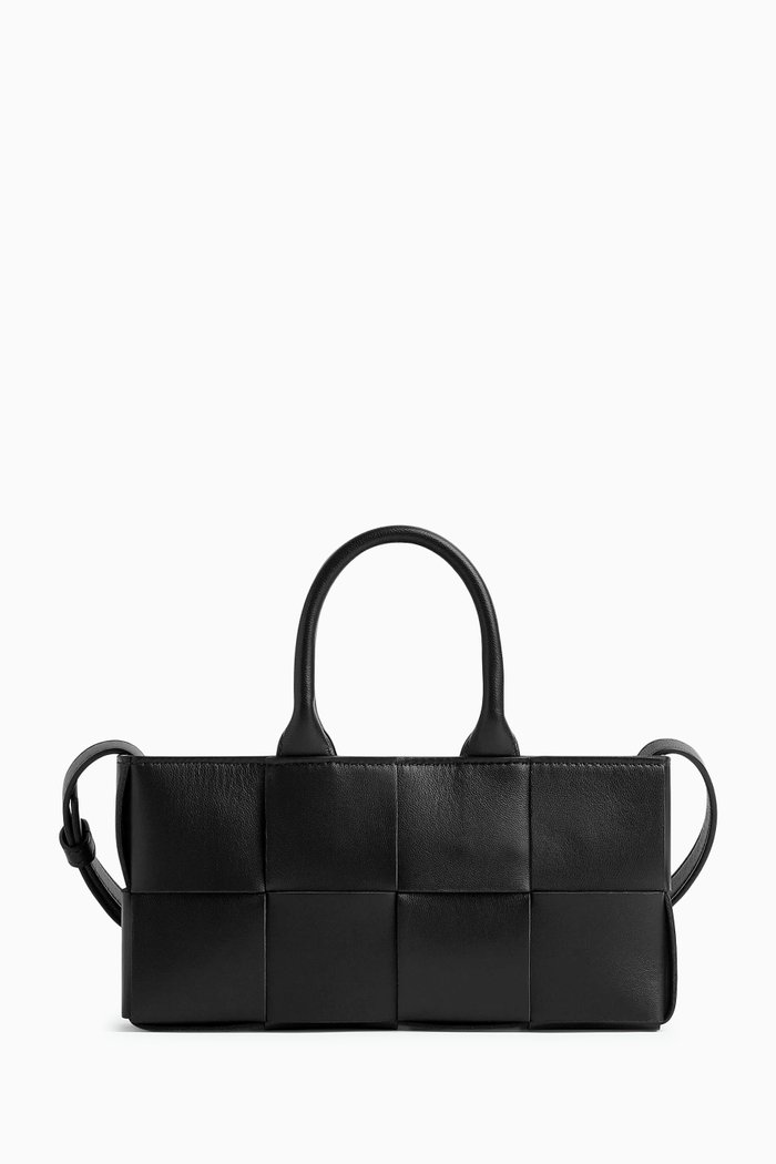

Mini East-West Arco Tote Bag in Intreccio Leather, Black