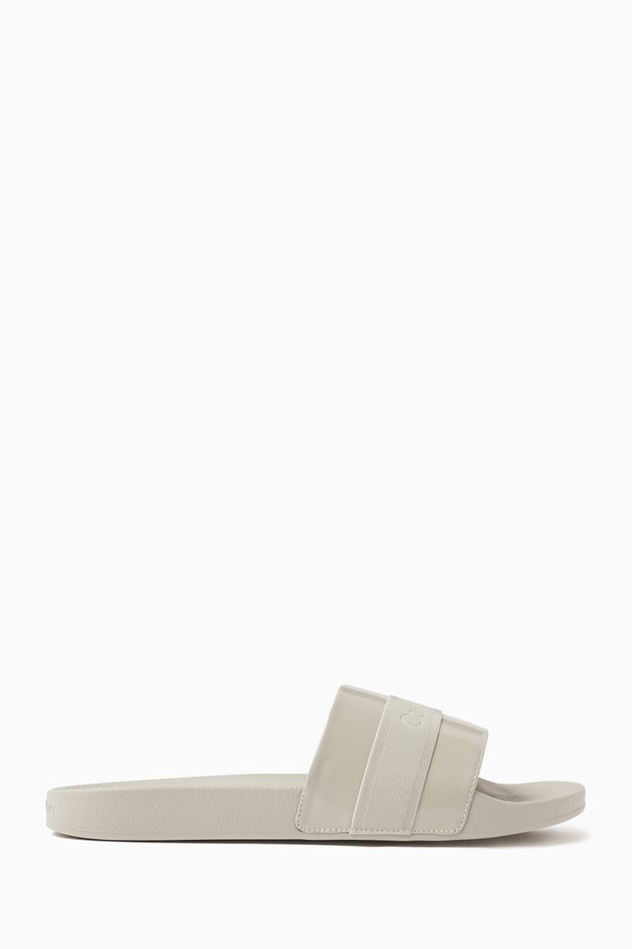

Logo Pool Slides in Faux Leather, Grey