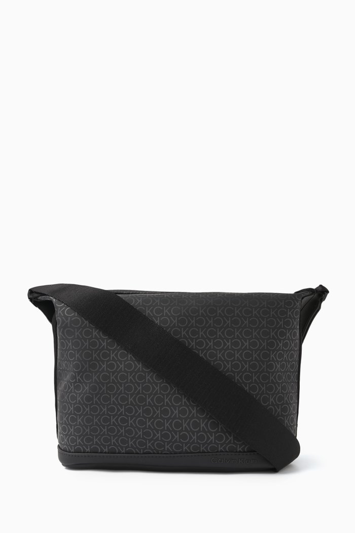 Monogram Wide Base Crossbody in Rubberized Faux Leather, Black