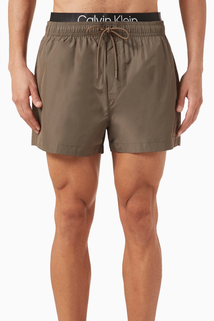 Double Waistband Drawstring Swim Shorts, Grey