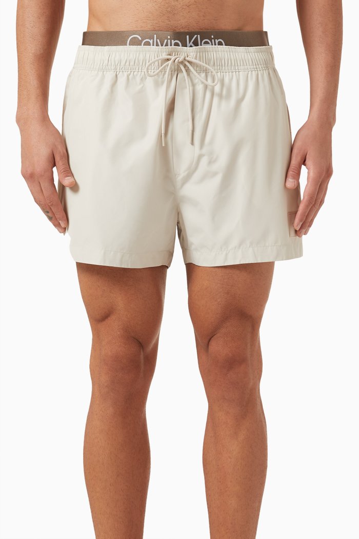 

Double Waistband Drawstring Swim Shorts, Neutral