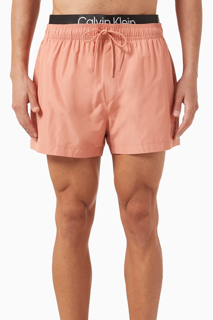

Double Waistband Drawstring Swim Shorts, Pink