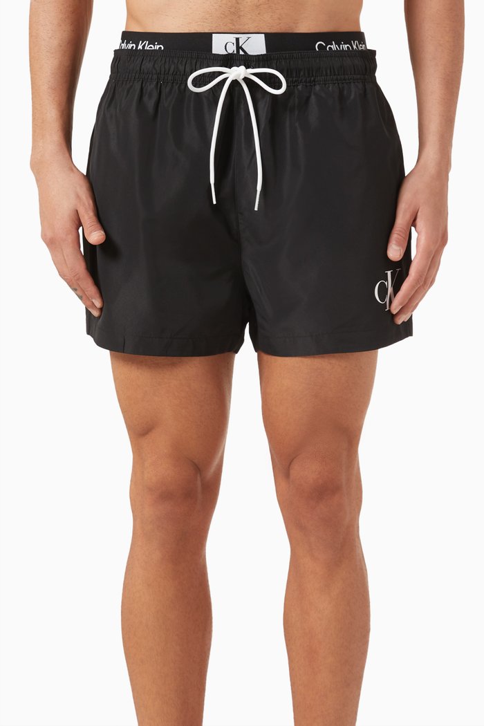 

Double Waistband Drawstring Swim Shorts in Polyester, Black
