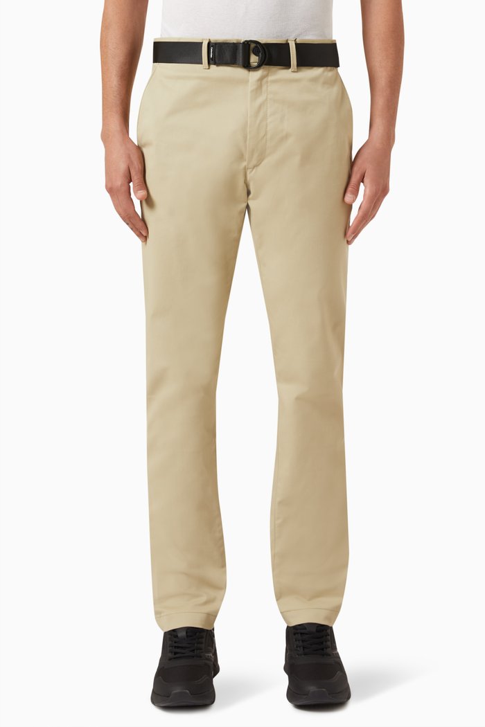

Slim Belted Chino Pants in Cotton Twill, Neutral