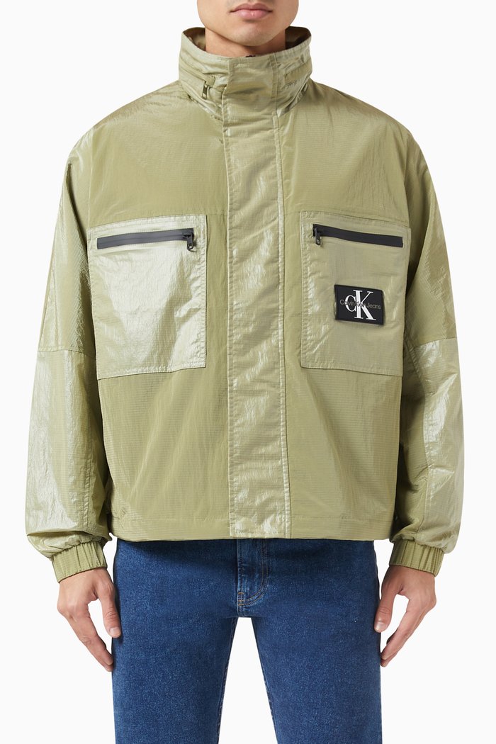 

Utility Track Jacket in Crinkle Nylon Ripstop, Green