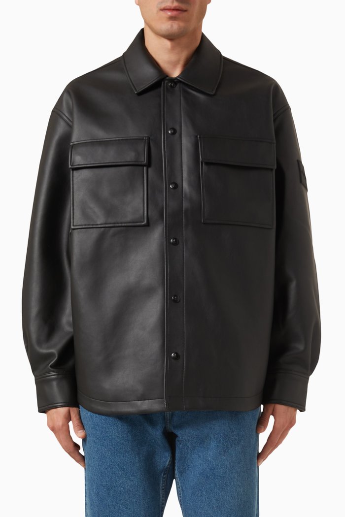 Logo Badge Overshirt in Faux Leather, Black