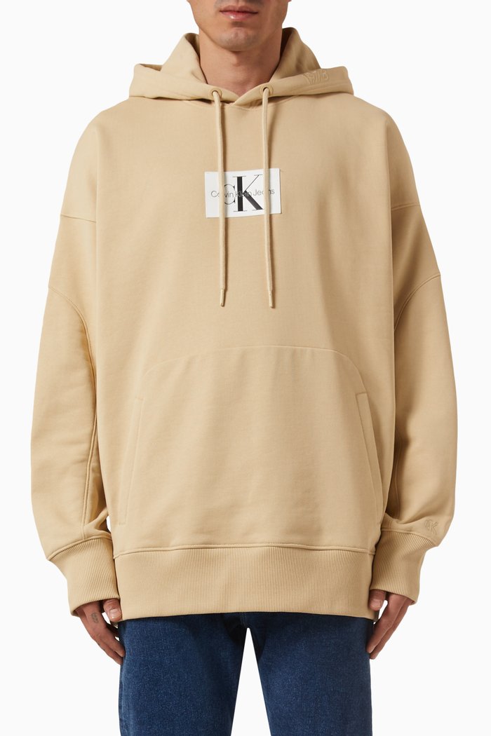 

Oversized Logo Patch Hoodie in Cotton, Neutral