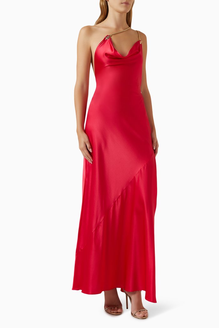 

Brigitte Open-back Maxi Dress in Silk Satin, Red