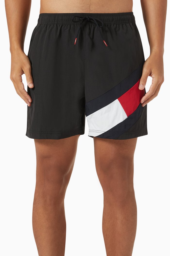 

Flag Drawstring Swim Shorts in Recycled Nylon, Black