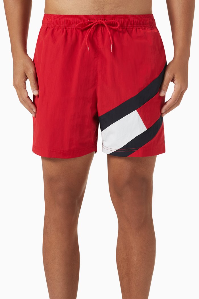 Flag Drawstring Swim Shorts in Recycled Nylon, Red
