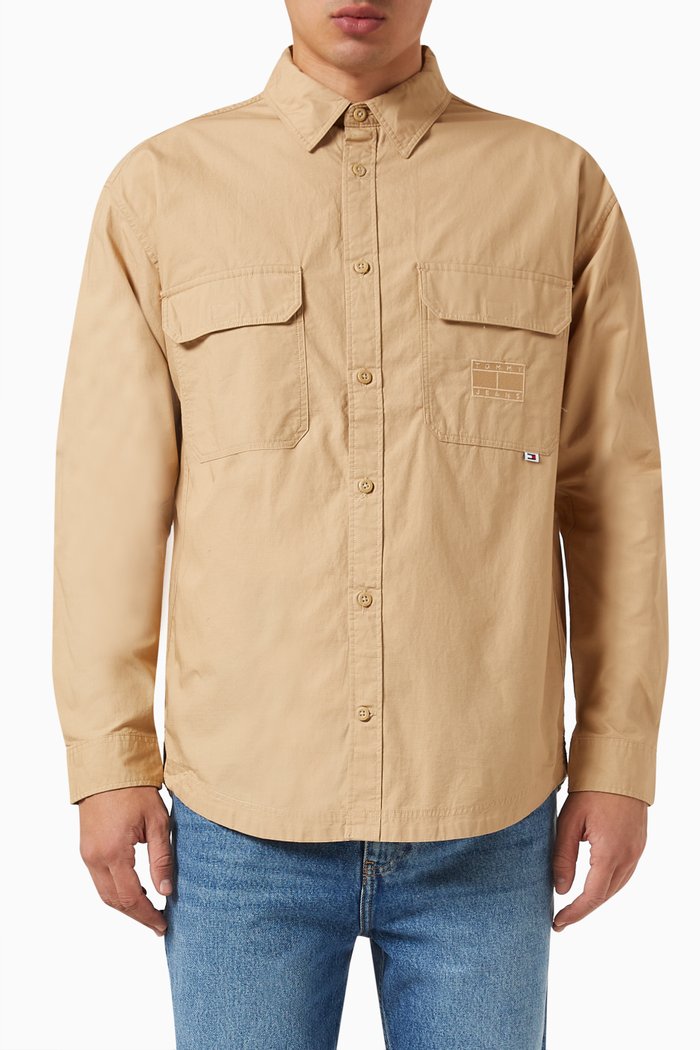 Logo-patch Cargo Shirt in Cotton, Neutral