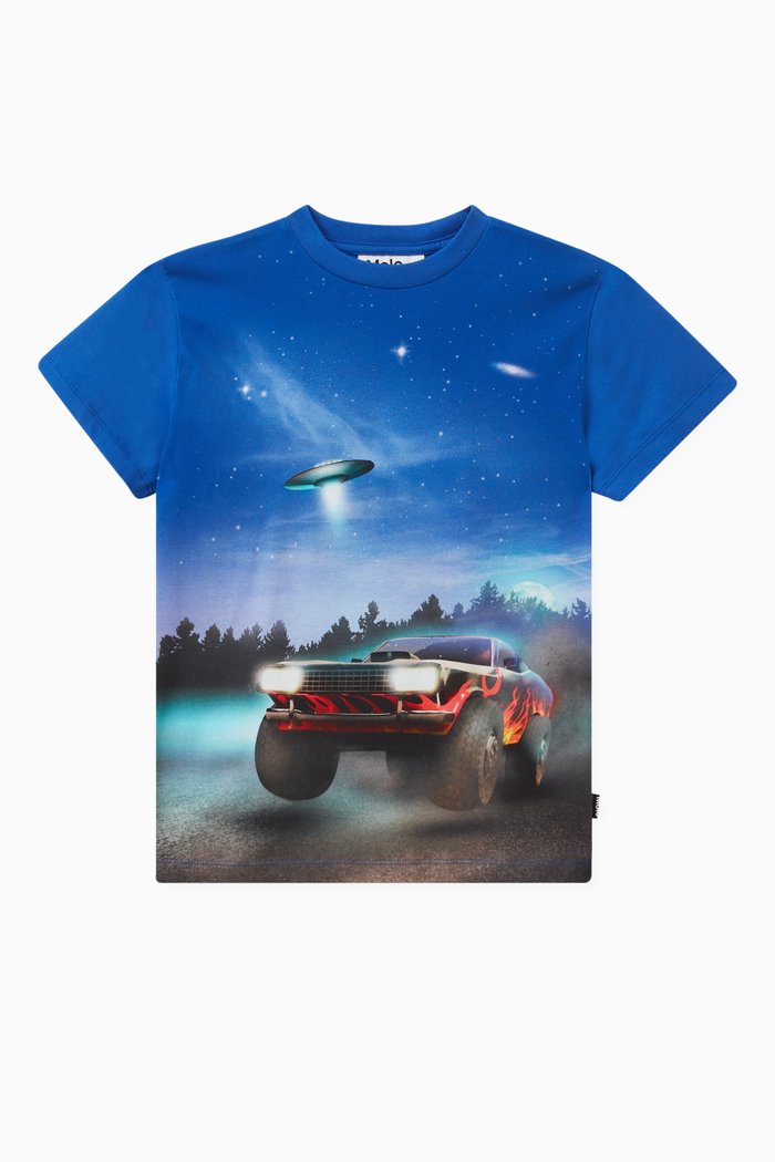 

UFO and Car print T-shirt in Organic Cotton, Blue