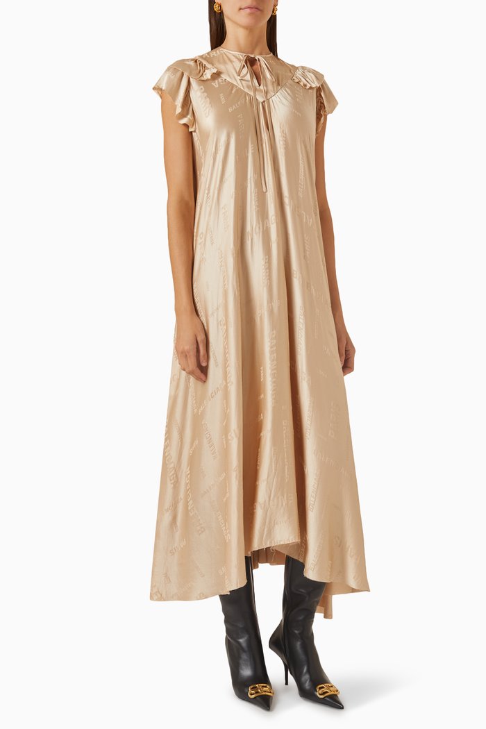 All-over Logo Midi Dress in Silk Jacquard, Neutral