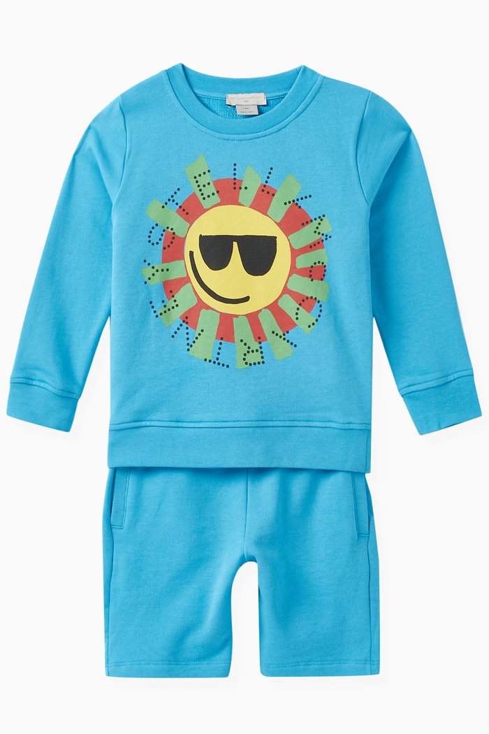 

Graphic Logo Print Sweatshirt & Shorts Set in Organic Cotton Fleece, Blue