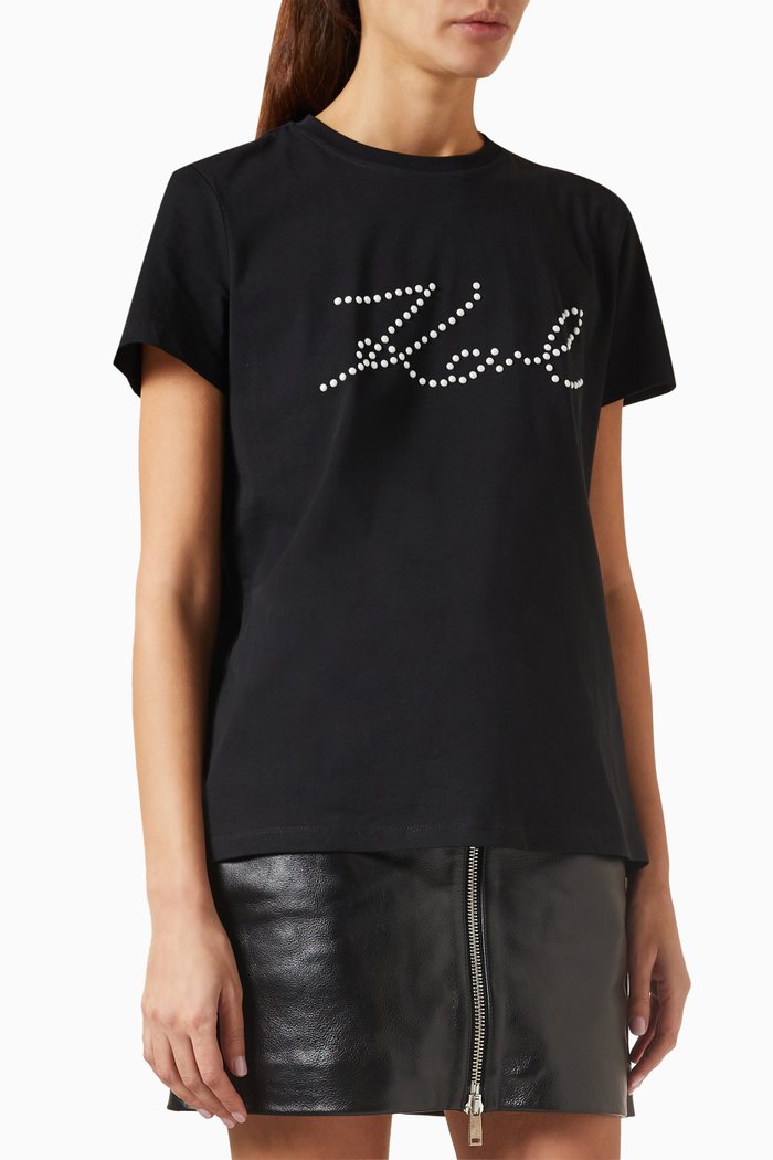 

Pearl-logo Embellished T-shirt in Organic Cotton-jersey, Black
