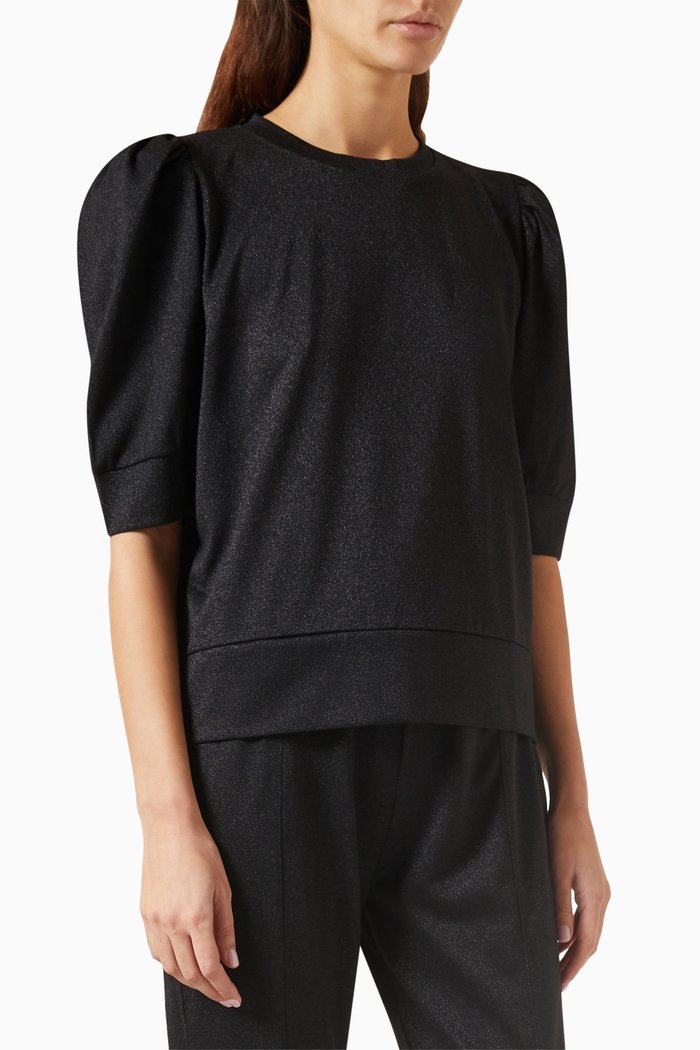 Short Puff-sleeve Sweatshirt in Lurex-blend, Black