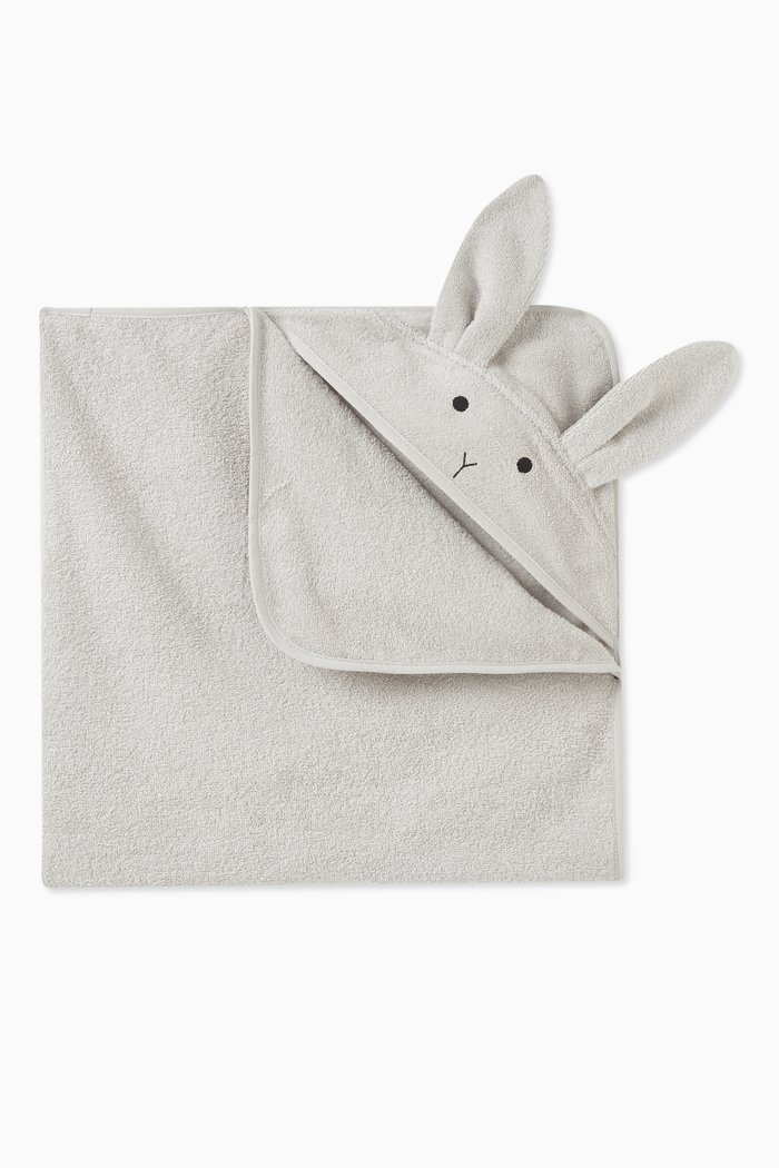Rabbit-detail Hooded Towel in Cotton Terry, Grey
