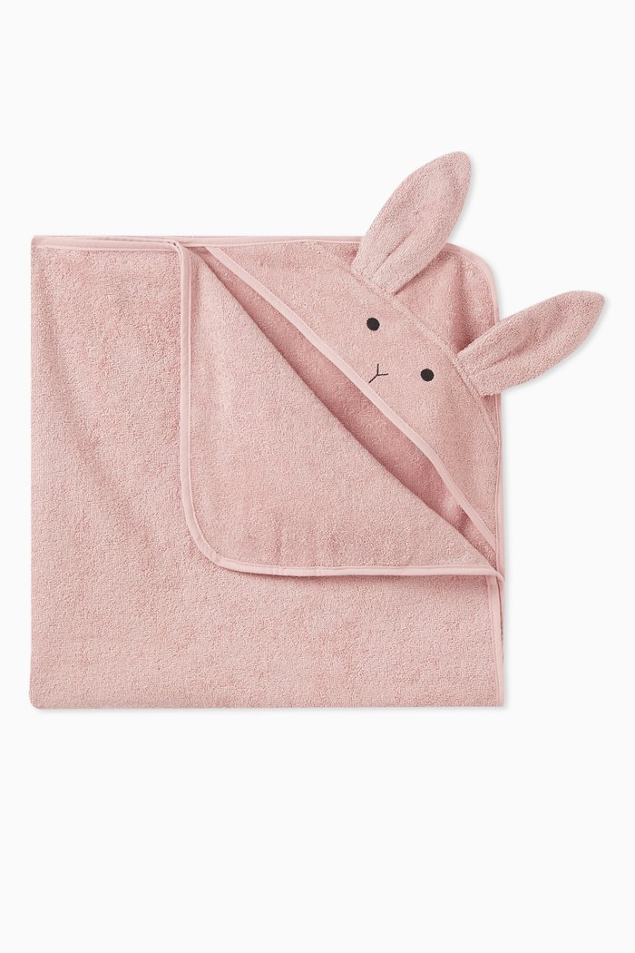 Rabbit-detail Hooded Towel in Cotton Terry, Pink