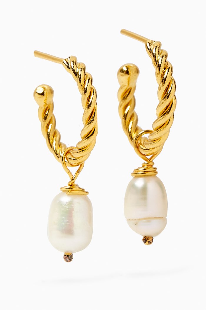 Lisbon Pearl Pendant Hoop Earrings in 24kt Gold-plated Brass
