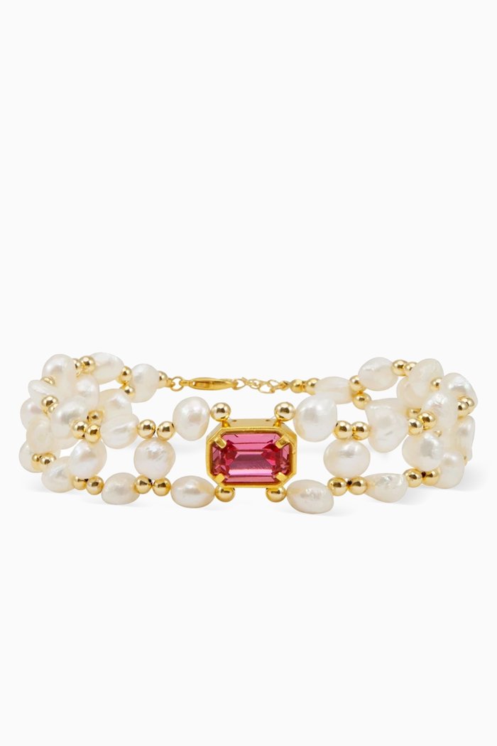 

Denise Pearl Choker Necklace in 24kt Gold-plated Brass, Pink