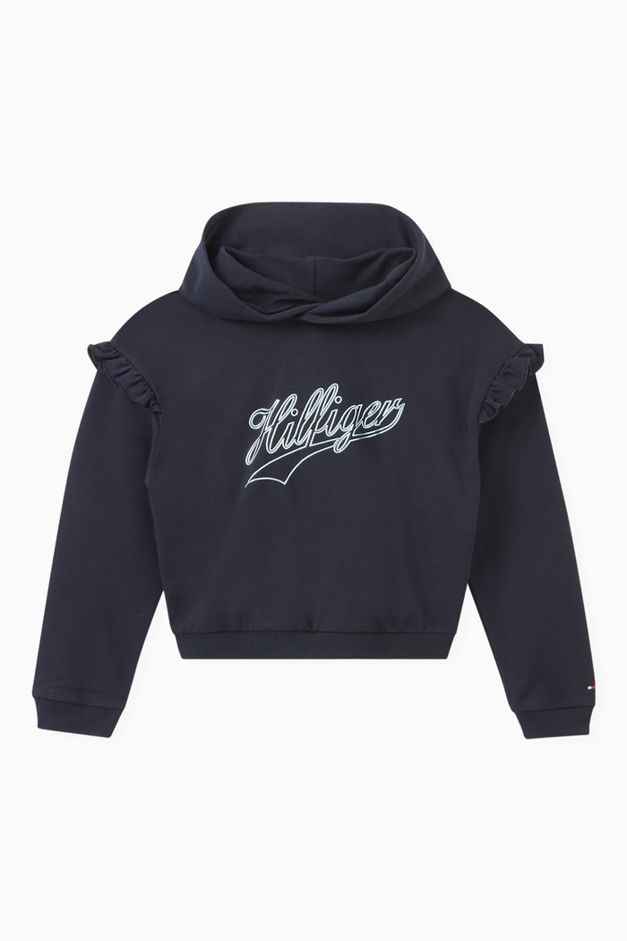 

Ruffled Logo Hoodie in Stretch Organic Cotton, Blue