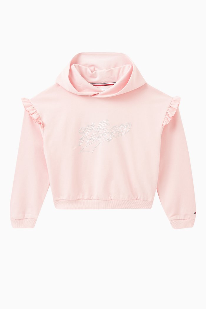Ruffled Logo Hoodie in Stretch Organic Cotton, Pink
