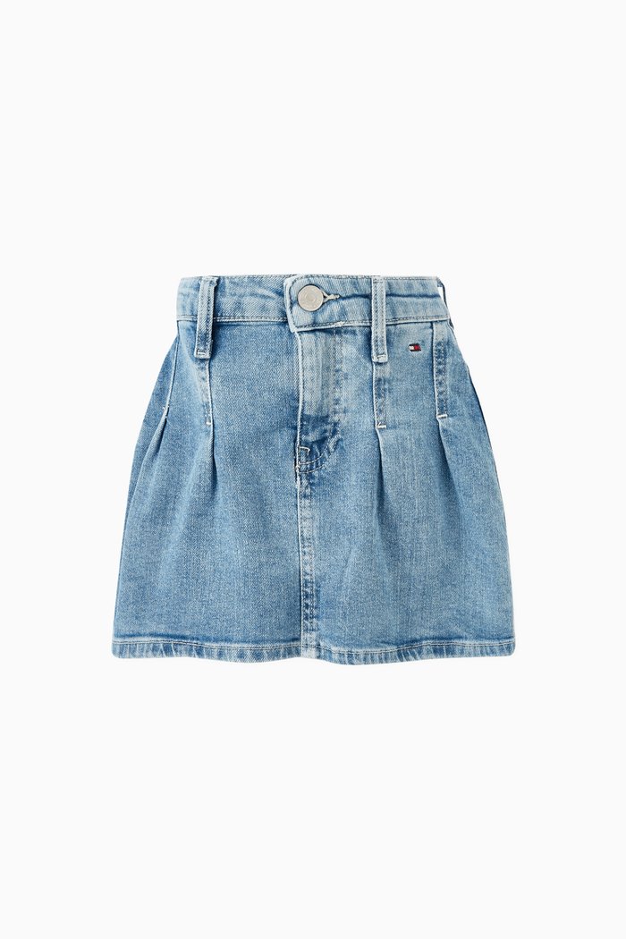 Pleated Mini Skirt in Denim, Blue