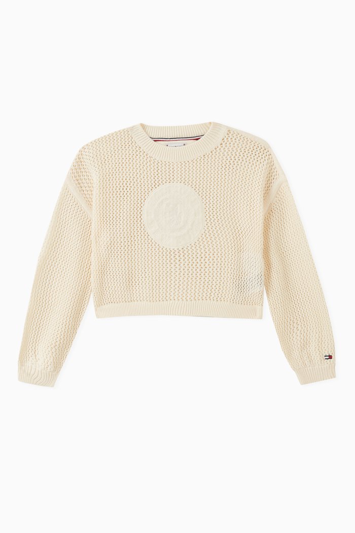 

Varsity Crest Logo Sweater in Crochet-knit Cotton, Neutral