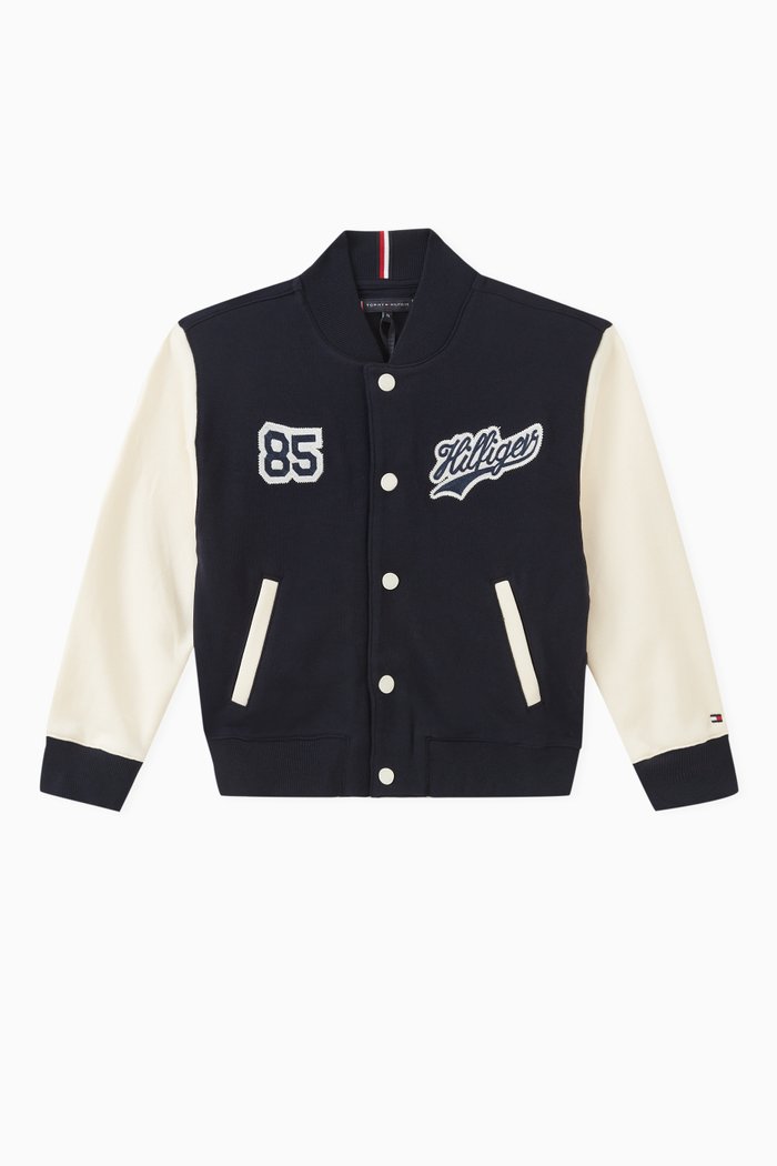 

Varsity Colour-blocked Bomber Jacket in Cotton, Blue