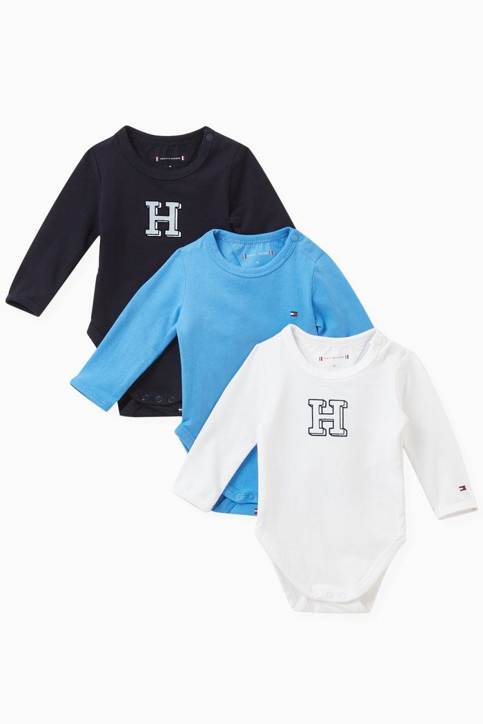 

Logo Long Sleeved Bodysuits, Set of Three in Cotton, Blue