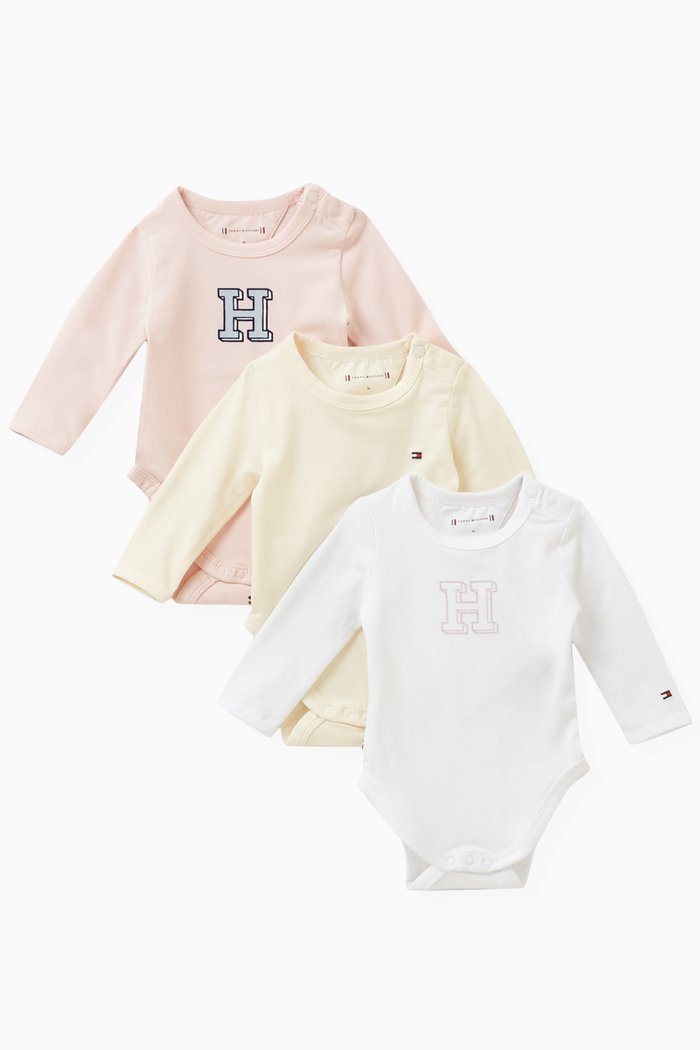 

Logo Long Sleeved Bodysuits, Set of Three in Cotton, Pink