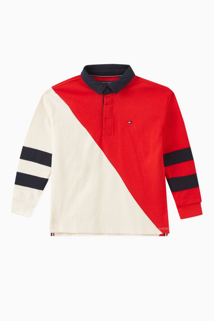 Colour-block Polo Shirt in Cotton, Red