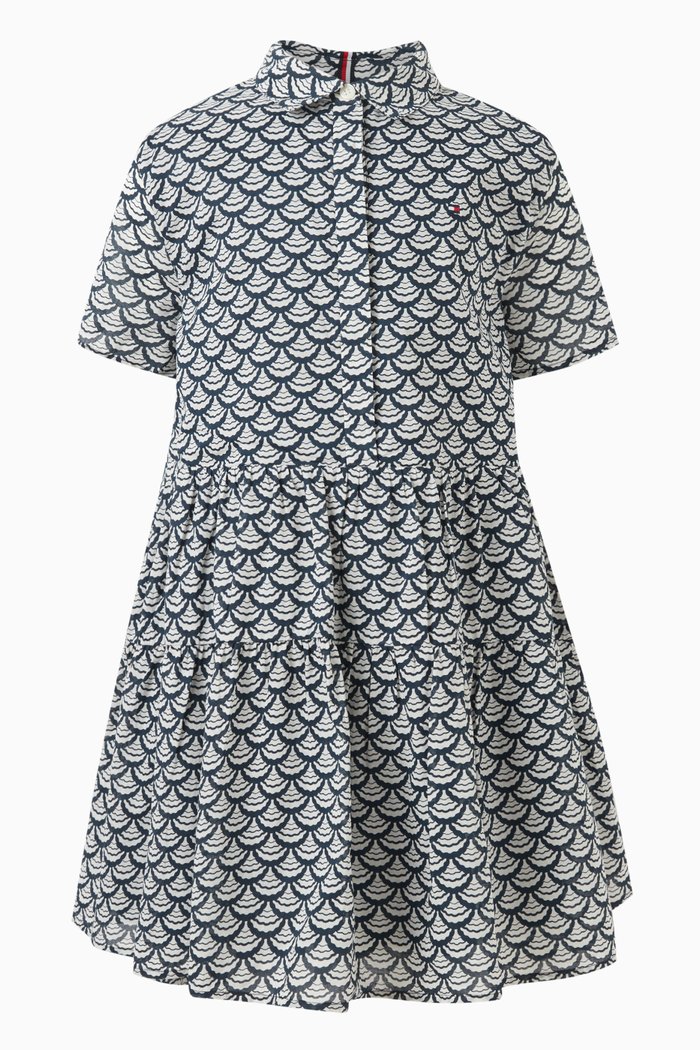 Scallop Print Shirt Dress in Organic Cotton, Blue