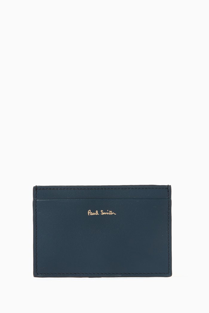 

Signature Stripe Card Holder in Leather, Blue