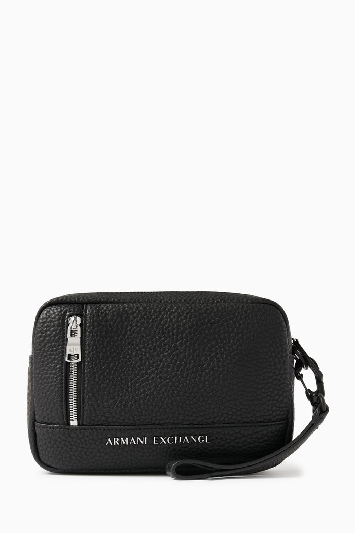 

AX Logo Wash Bag in Faux Leather, Black