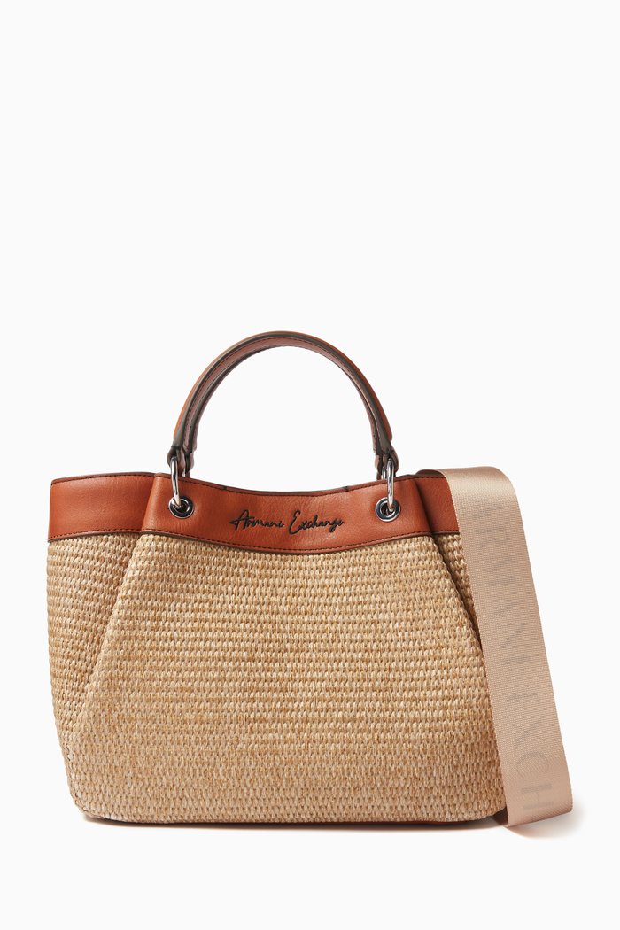 

Logo Lettering Medium Shopping Tote Bag in Raffia, Neutral