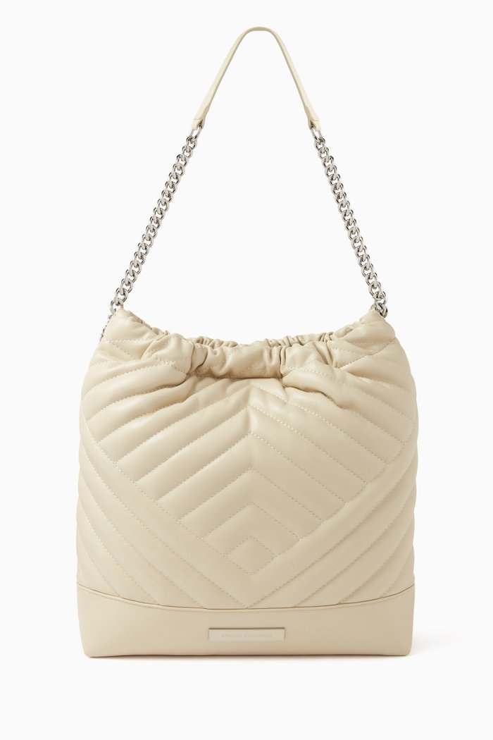 Medium Victoria Bucket Bag in Faux Leather, Neutral